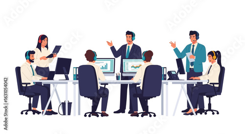 A diverse team of customer service representatives wearing headsets collaborates efficiently in a modern office environment, providing professional support and assistance to clients.