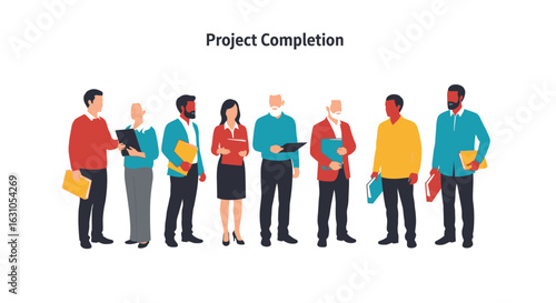 A diverse group of professionals stands together, symbolizing successful project completion and collaborative teamwork within a modern corporate environment.