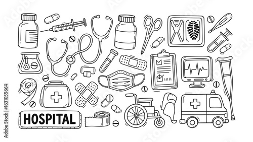 Hand-drawn illustration set of various hospital items, medical equipment, and healthcare symbols in a sketch line art style.