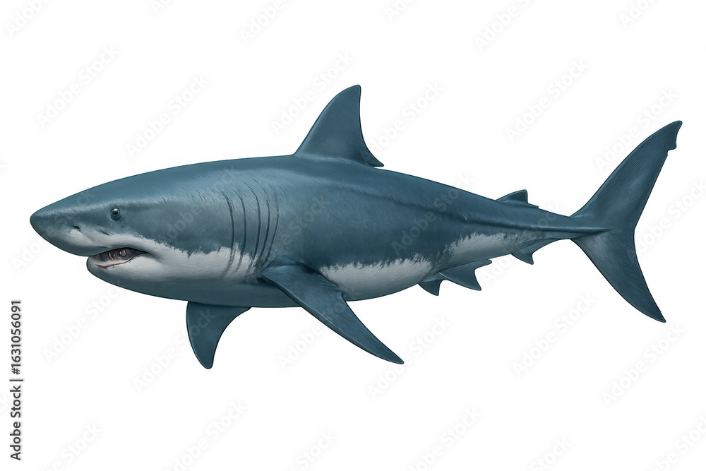 Obraz premium Powerful great white shark swimming, detailed 3d rendering showcasing marine predator's sleek form against clear background