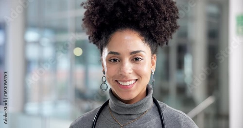 Doctor, face or woman with smile in hospital for medical service, health support or medicare pride. Cardiologist, african person or happy in clinic for healthcare work, about us or proud professional