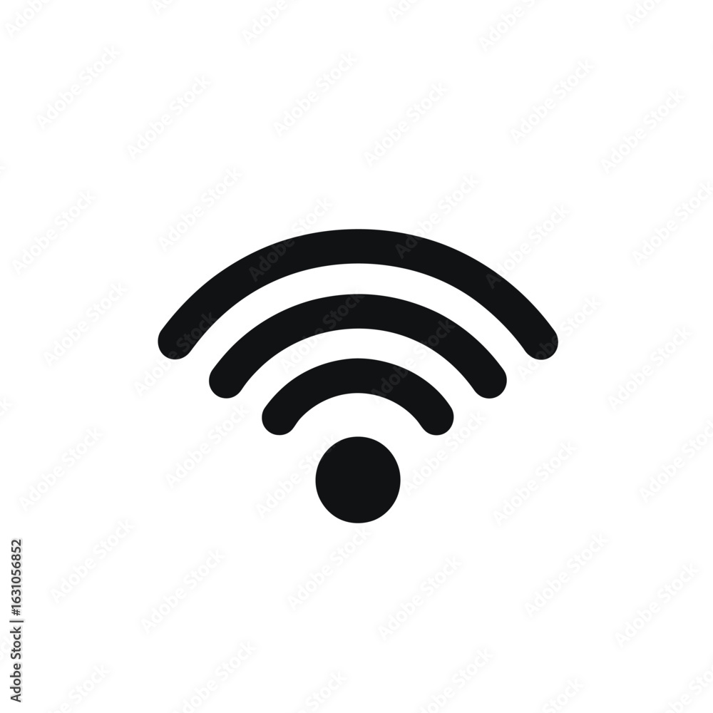 Black and White WiFi Signal Icon with Three Waves and Center Point Black and White WiFi Signal Icon with Three Waves and Center Point