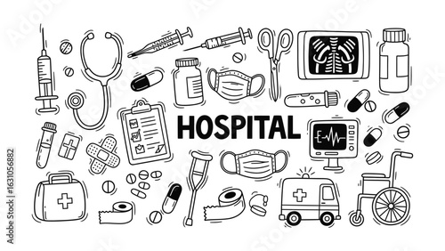 Vector set of hand-drawn hospital equipment and medical symbols in a black and white doodle illustration.