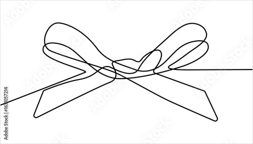  Gift ribbon bow continuous one line drawing vector illustration. Decorative ribbon bow in continuous line art drawing style, Ribbon bow with knot illustration. 