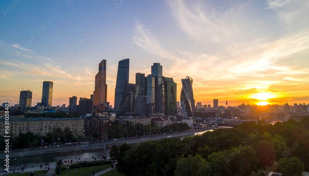 Fototapeta premium City skyline at sunset over a river (1)