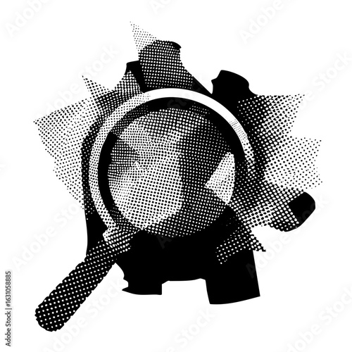 Vector Investigative magnifying glass examines a fragmented portrait.