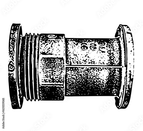 Vector Detailed of a metal pipe fitting with threaded connections.