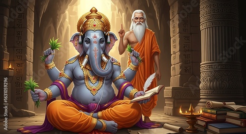 Spiritual wisdom revealed by Lord Ganesha in ancient temple with sage