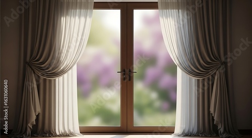 Elegant sheer curtains framing a sunlit garden view through wooden french doors