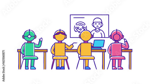 Virtual meeting online conference video call robot attendees education and learning remote work from home concept