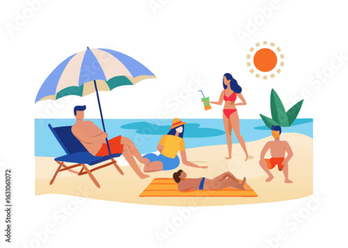 Beach vacation summer holiday travel destination people relaxing sunbathing seaside resort scene illustration
