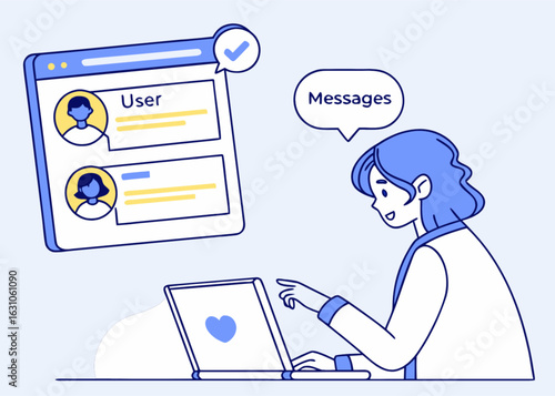 Woman using social media messaging app on laptop for online communication and connection with users