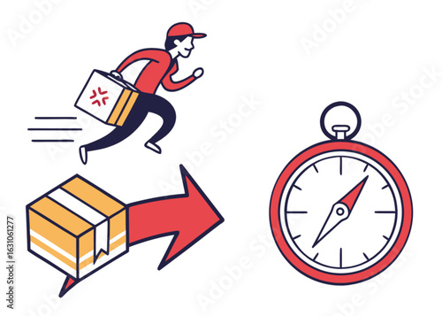 Fast delivery service concept showing courier running with package and express shipping with timer clock