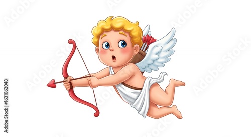 Cartoon cupid character flying and aiming an arrow