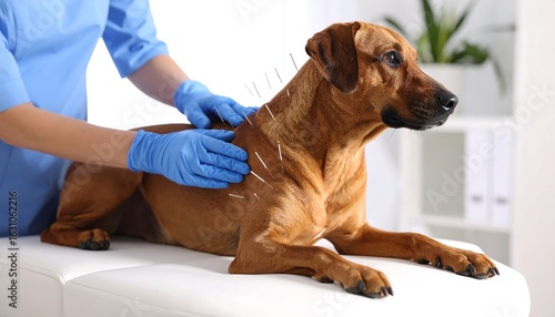 Veterinarian treating dog with acupuncture