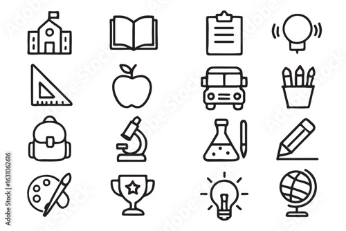 School icon set. Containing education, learning, teacher, book, E-learning, graduation, school subjects, classroom, students and more. Editable line icons. Vector illustration.