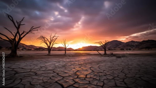 dry cracked land with leafless trees at sunset