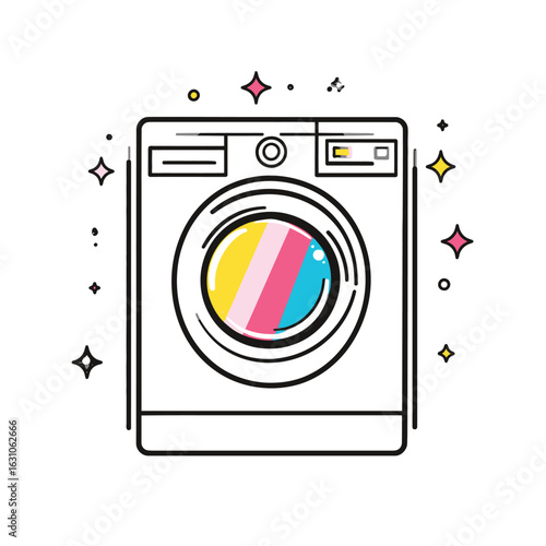 Cartoon Washing Machine with Colorful Laundry and Sparkle Effects Illustration