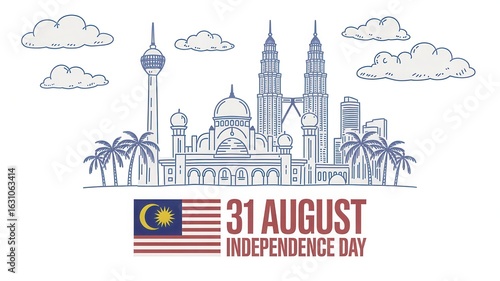 Celebrate Malaysia Independence Day 31 August with iconic skyline and flag in vibrant illustration style
