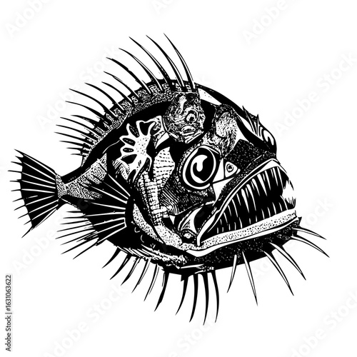 Vector Detailed of an anglerfish with sharp teeth and radiating spines.