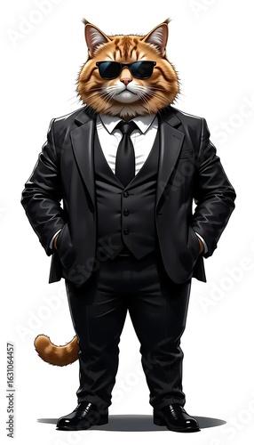 A highly detailed digital illustration of a cool-looking, chubby cat dressed in a sharp black suit with a crisp white shirt, classic tie, and sleek dark sunglasses