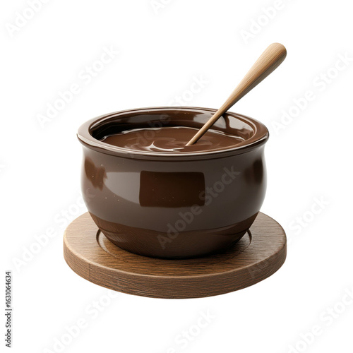 Rich chocolate fondue in a brown ceramic bowl with a wooden spoon, a decadent dessert experience for celebrations and indulgent moments on transparent background