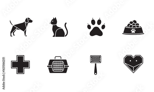 Monochrome pet care and veterinary clinic solid icon set.