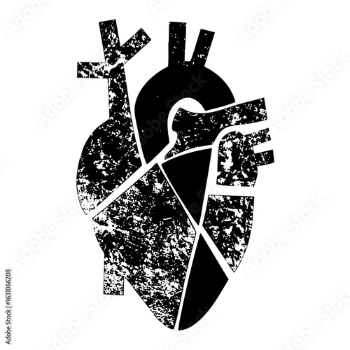 Vector Distressed black anatomical heart with vessels.
