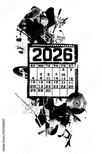 Vector Dramatic of figures and a 2026 calendar rendered in bold monochrome.