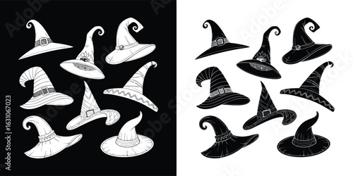 Collection of witch hats for halloween, magical costume accessory, spooky and mysterious theme, isolated on black and white backgrounds