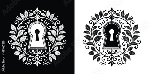 Ornate vintage keyhole surrounded by decorative leaves and floral elements, symbolizing mystery and hidden secrets
