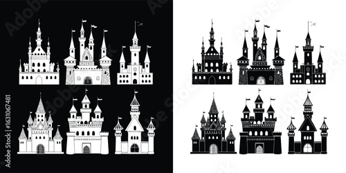 Collection of fairytale castle silhouettes in various designs and sizes, presented in black and white contrast, evoking a sense of fantasy, magic, and royal enchantment