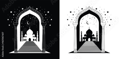 View of a mosque through an ornate archway, with stars and a crescent moon in the night sky, representing islamic culture and heritage