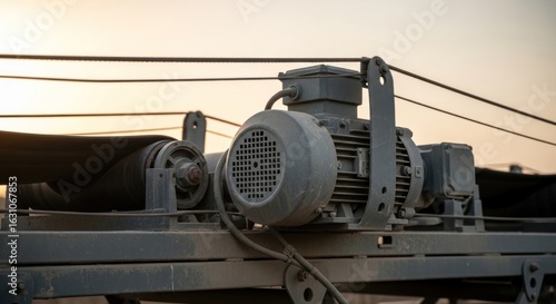 Electric motor driving a conveyor belt, industrial machinery for material handling in a manufacturing or mining environment, conveying materials