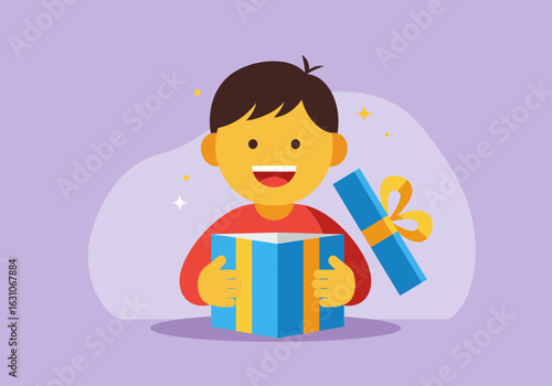 A happy cartoon boy with a joyful expression opens a surprise gift box. A cheerful child celebrating a special occasion or birthday.