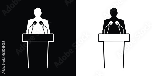 Silhouette of a speaker at a podium with microphones, black and white icon representing public speaking
