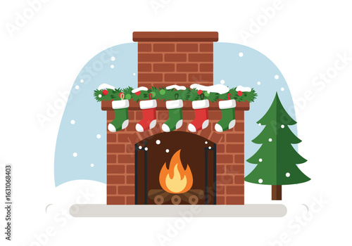 Warm and cozy home fireplace decorated for the Christmas holidays with stockings and a festive tree.