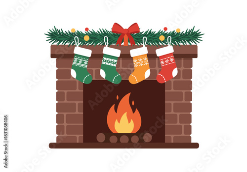 Cozy Christmas fireplace with burning fire and stockings hanging from a festive garland on the mantel. Holiday tradition concept.