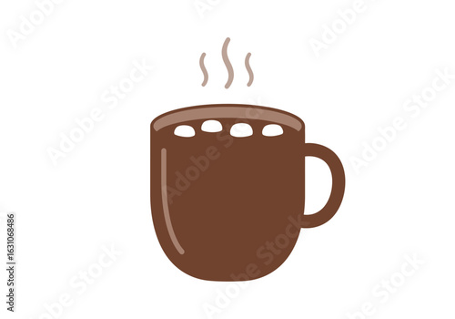 A simple flat illustration of a steaming mug of hot chocolate with marshmallows. A cozy warm beverage icon isolated on a white background.