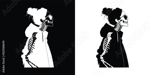 Skeleton woman silhouette in profile, depicted in both positive and negative contrast against black and white backgrounds, symbolizing duality and artistic expression