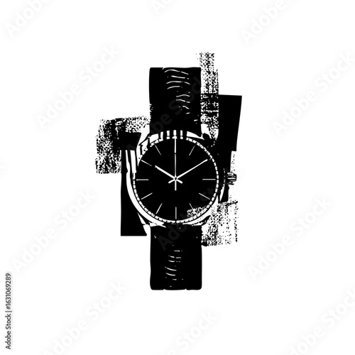 Vector Monochrome wristwatch with textured brushstrokes.