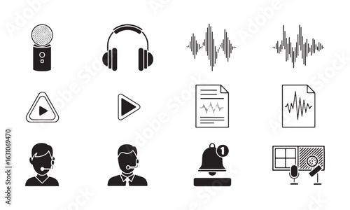 Podcast and Audio Icons Set – Sound Editing, Media, Voice Recording Symbols