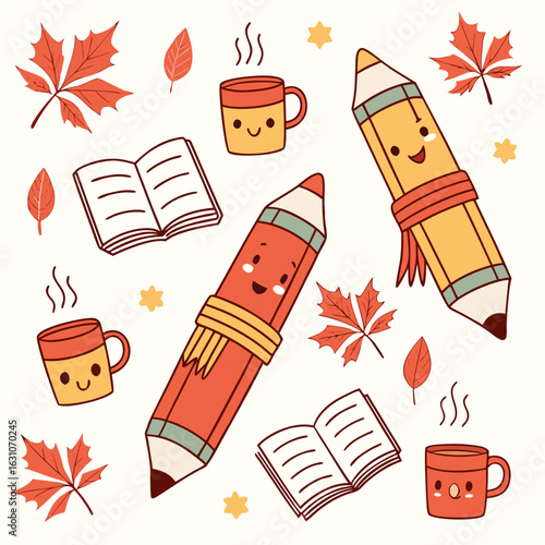 "Vector pattern of cute smiling colored pencils wearing scarves, surrounded by maple leaves, books, and mugs, ideal for fall-themed kids product packaging"
