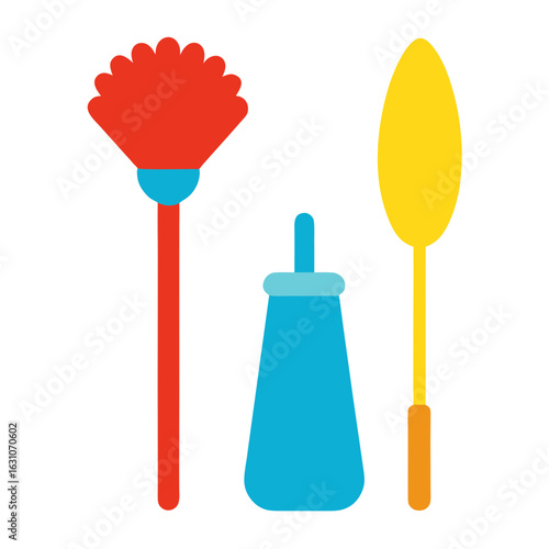 Colorful cartoon illustration of a feather duster and a dustpan with a brush on a white background