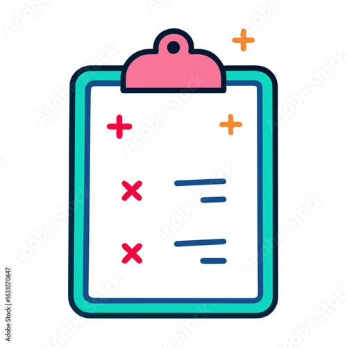 Simple flat icon of a clipboard with plus and minus symbols and a checkmark in a circle