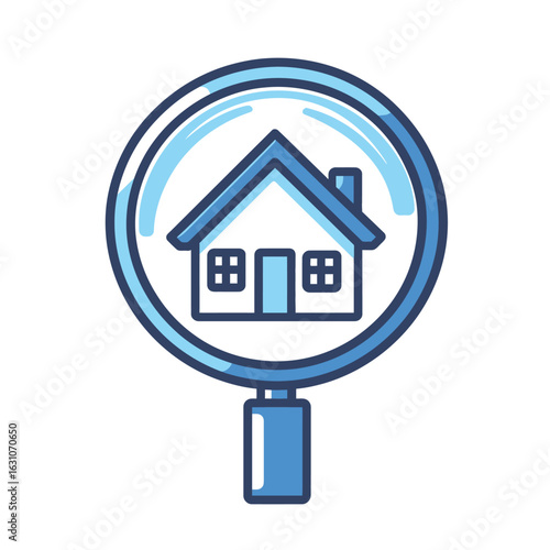 House in Magnifying Glass Illustration, Outline Design on Transparent Background
