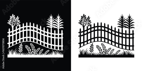 Wavy wooden fence with trees and plants in a natural landscape, a black silhouette against a white background, representing countryside beauty and organic growth