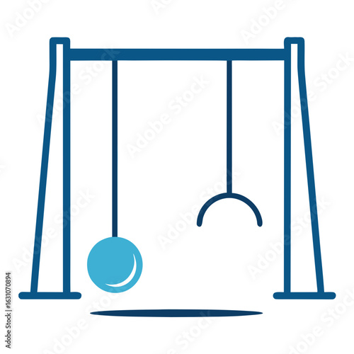Simple illustration of a newton s cradle with two red balls suspended by strings from an orange frame