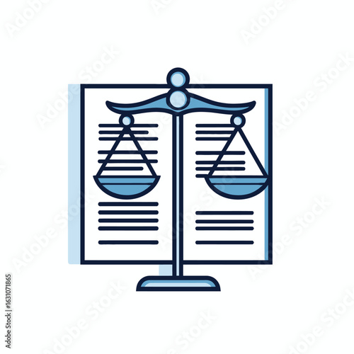 Illustration of scales of justice displayed on a document, law and legal concept
