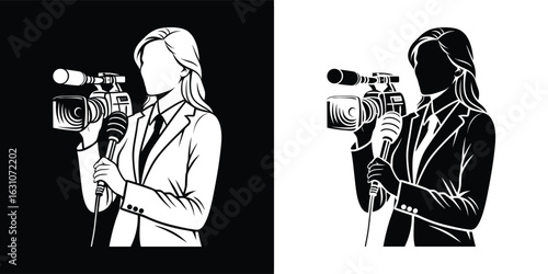 Female journalist with microphone and camera, capturing news and stories for media broadcasting, representing the field of journalism and communication, isolated on white background